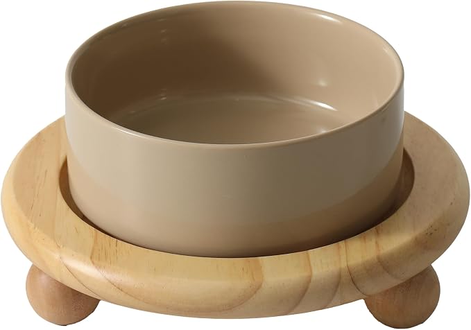 Havniva Raised Cat Bowl 5.1” Elevated Ceramic Cat Food and Water Bowl | Cat Bowls Elevated, Whisker Friendly Cat Bowl, Non-Slip Wood Stand, Food-Grade Ceramic, Wide Opening, Dishwasher Safe