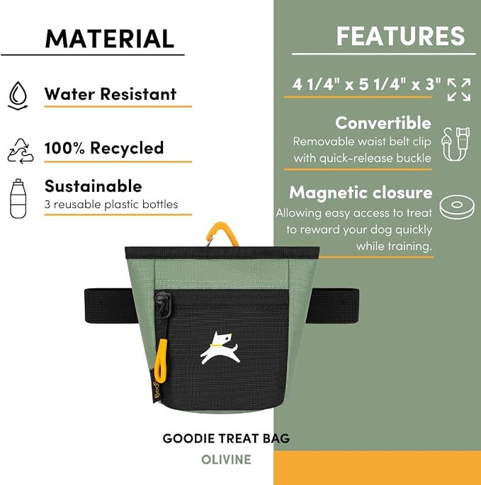 OllyDog Goodie Treat Bag, Dog Treat Pouch, Waist Belt Clip for Hands-Free Training, Magnetic Closure, Dog Training and Behavior Aids, Three Ways to Wear (Olivine)