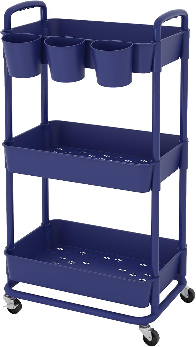 3-Tier Plastic Rolling Storage Cart Utility Cart Blue | Utility Cart with Extra Hanging Cups Arc-Shaped Handles Lockable Wheels for Living Room Bathroom Kitchen Office