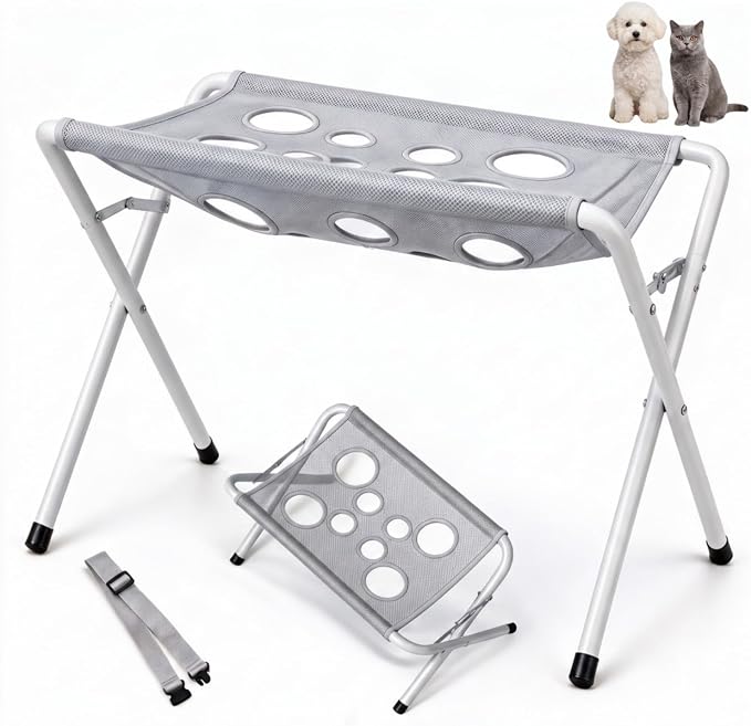 Pet Grooming Hammock for Dogs, Foldable Bath Stand (Gray) | Foldable pet bathing stand, 8-hole mesh sling, Small dogs and cats, Holds up to 44 lbs