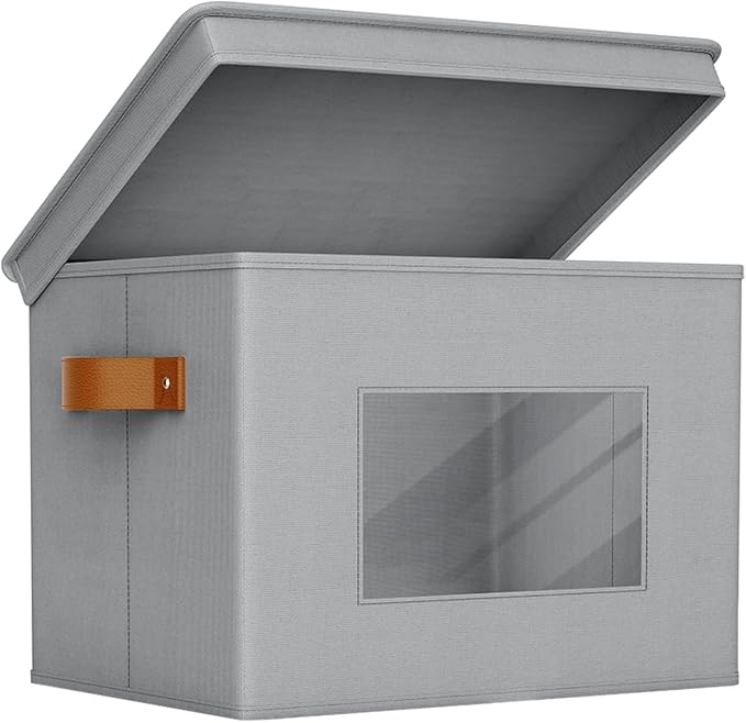 Univivi Fabric Storage Bins with Lids for Clothes 3 Pack, Grey | 17 x 12 x 12 In Foldable Storage Boxes with Handles, Clear Window, Closet Organizers for Home, Bedroom