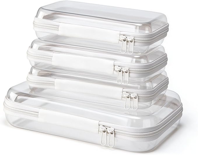 4 pcs Clear Hard Shell Zipper Case, White | Water-Resistant, Travel Makeup Bag, Diaper Bag Organizer Pouches, Clear Toiletry Bags