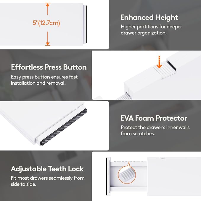 Lifewit 5" Tall Upgrade Drawer Dividers, Adjustable Deep Drawer Organizer | 13.5"-22" Expandable White Drawer Separator for Clothes, Dresser/Kitchen/Closet/Bedroom/Office Organization & Storage, 4 Pack