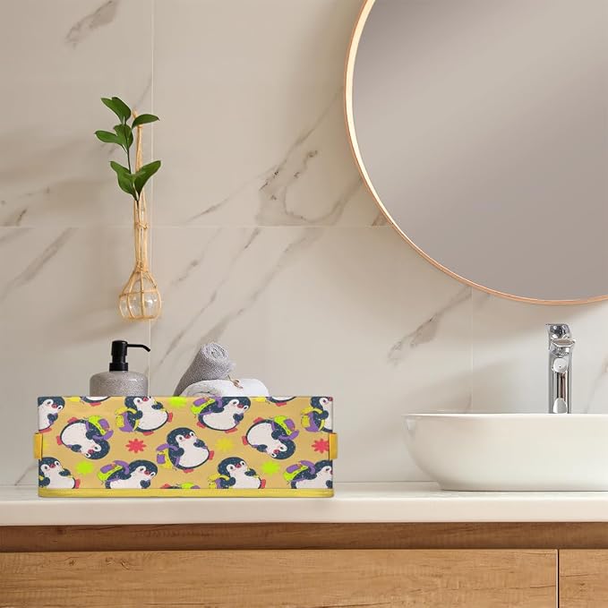 Penguin Cute Happy Cartoon Bathroom Storage Basket, Foldable with Handle Open Countertop Paper Towel Decorative Box, Toilet Tank Top Shelf Baskets for Home Closet Bedroom Living Room Office