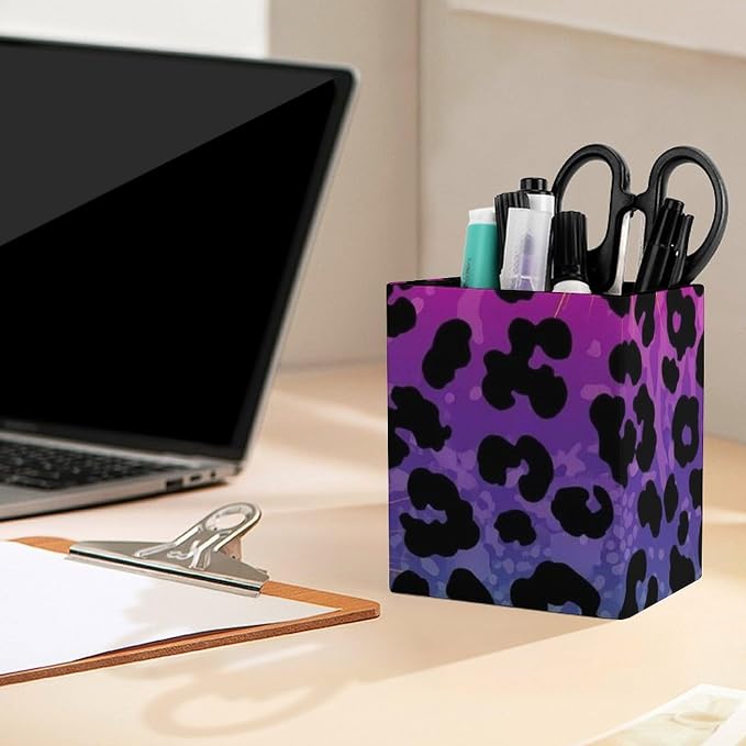 PU Leather Pen Pencil Holder Hot Pink Purple Cheetah Leopard Print Pencil Organizer Desktop Accessories Square Stationery Container Box for Office Work