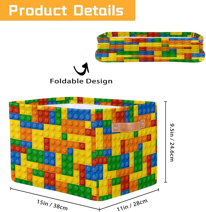 Rectangle Storage Basket with Handles, Cube Organizer Bins for Shelves Collapsible Toys Storage Box Clothes Baskets for Nursery Home Kids Room(Colorful Building Blocks)
