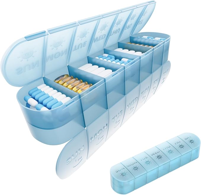 2 Layers Weekly Pill Organizer 2 Times a Day, Travel Medicine Pill Organizer, Pill Box Case 7 Day AM PM, Pill Container for Vitamins, Fish Oil, Supplements and Medication, Blue