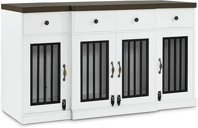MCombo 55.5" Wooden Dog Crate Furniture with 4 Drawers 1872 White and Brown | 4 Lockable Doors, Indoor as TV Stand, For Medium/Large Dogs, Elegant Handles Design