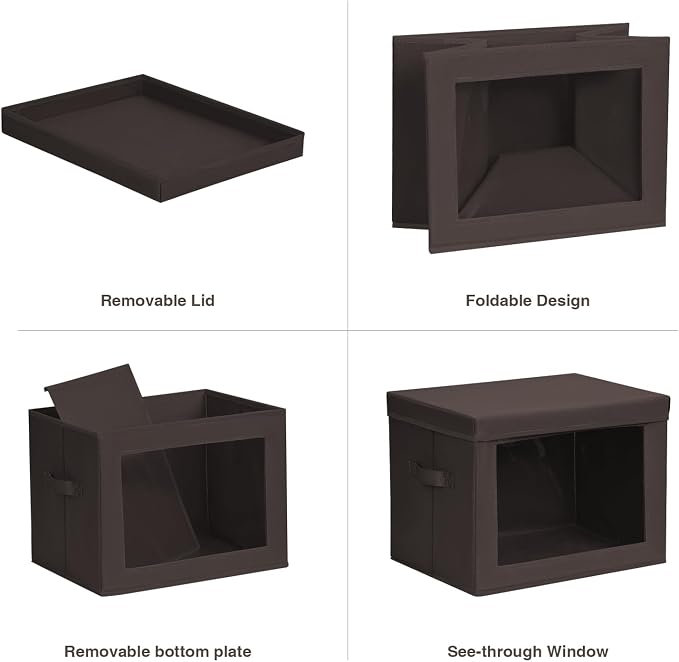 Stackable Storage Bins with Lids - Medium Storage Box with Lids, Foldable Closet Boxes for Organizing, Wardrobe Clothes Organizer with Window, Cubes Bins for Living Room, 5 Pack, Brown