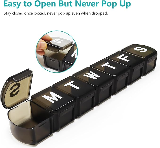 XL Weekly Pill Box Organizer 7 Day, 1 Week Jumbo Pill Dispenser Case One Time a Day, MOLN HYMY Daily Medicine Container to Hold Medication, Vitamins, Fish Oils and Supplement (Black
