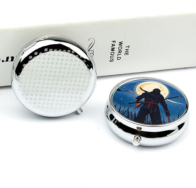 3 Compartment Medicine Pill Case, Moonlight Watercolor Style Ninja Round Pill Box, Portable Decorative Medicine Organizer for Pocket Or Purse Vitamin Organize
