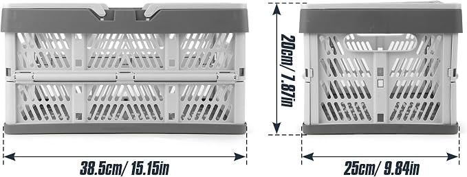 Domiella 2-Pack Foldable Storage Baskets, 20L Collapsible Crates PP Grey | Comfortable carry handles, space-saving design, sturdy PP construction for home storage shopping camping and picnics