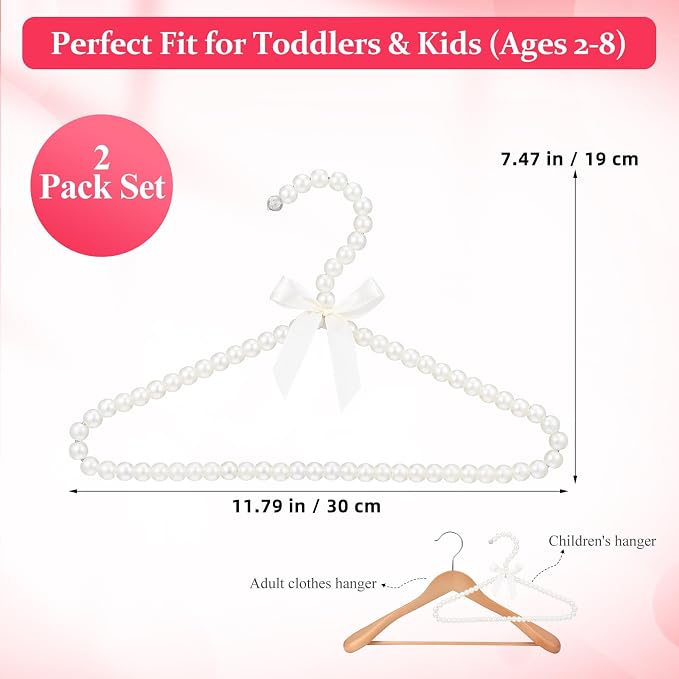 MAGICLULU 2 Pack Pearl Beaded Hangers for Kids, 11.8 x 7.5 Inch Plastic Baby Clothes Hangers with Bow, Non Slip Toddler Nursery Closet Organizer for Girl Dress, Dog Pet Apparel (White)