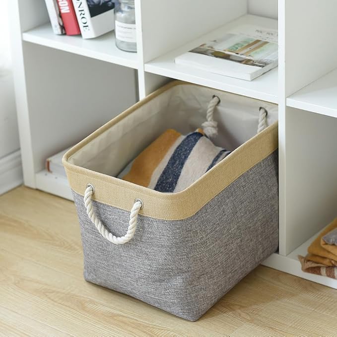 Storage Basket for Organizing - Fabric Large Cubes 3 Pack 16x12x12 inch Baskets, Cube Storage Bin for Shelves Organizer Closet Cloth Gift Toy (Gold & Grey)