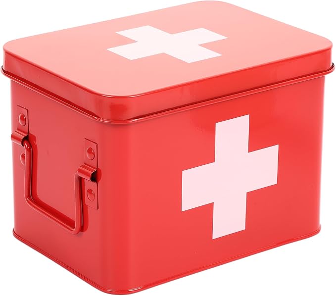 Lassos Boutique Retro Enameled First Aid Box for Medicine Storage and Home Decor with Lid and Removable Tray (Red/White)