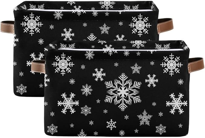 Winter Snowflake Black Storage Basket Fabric Kitchen Baskets Christmas Holiday Open Home Storage Bins Boxes Foldable Organizer Bag for Baby Cloth Xmas Baskets 16×12×8 Inches 2 Pack