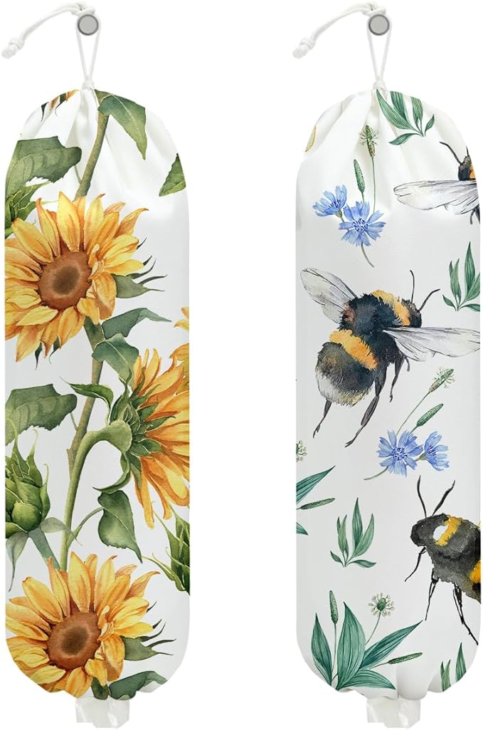 2Pcs Bee Plastic Bag Holder, Wall Mount Grocery Bag Holder for Plastic Bags, Sunflower Reusable Grocery Bags Storage Dispenser for Home Kitchen Pantry Decor, Sunflower Gifts for Women Mom