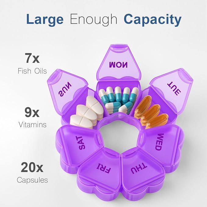 Large Weekly Pill Organizer, Pill Box 7 Day, KAPENS Daily Vitamin Case Large Capacity Compartments, Pill Containers for Fish Oil Medicine Supplements, Purple