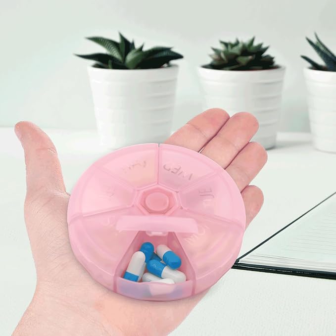 Portable Weekly Pill Organizer (Pack of 2) 7 Day Container,Round Case Travel Friendly,Daily Week Pill Reminder,Vitamin,Supplement,Fish Oil,Medication Planner (Pink)