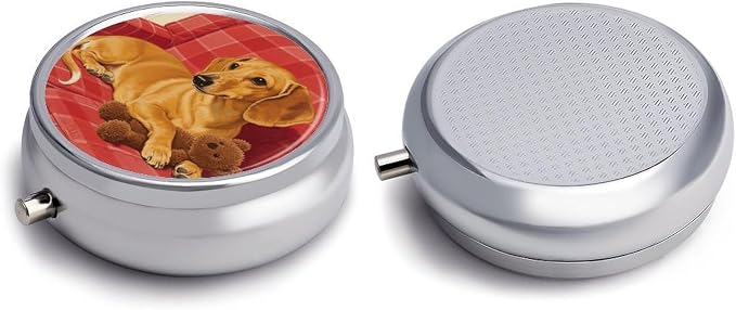 Dachshund Weiner Pet Dog Pill Box 3-Compartment Travel Pill Organizer Portable Round Medicine Case with Mirror Design for Vitamins, Jewelry & Essentials Durable Pocket Pillbox for Purse, Camping
