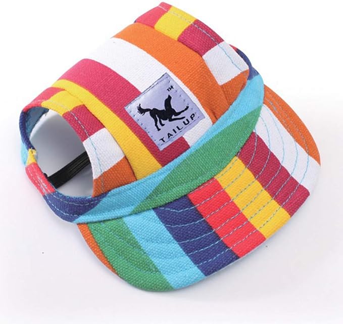 Leconpet Baseball Caps Hats with Neck Strap Adjustable Comfortable Ear Holes for Small Medium and Large Dogs in Outdoor Sun Protection (S, Stripe)