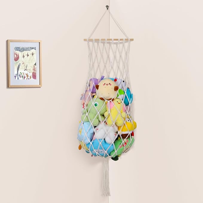 68 Inch Stuffed Animal Storage Net Corner Stuffy Hammock,Cream | Boho Macrame Large Toy Hammock for Stuffed Animals Organizer,Wall Ceiling Over Door Stuffy Storage Holder,Nursery Room Decor