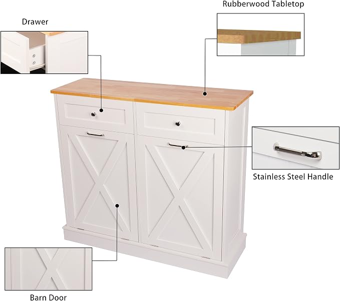 TOLEAD Double Tilt Out Trash Can Cabinet 2 x 10 Gallon Wooden Hidden Trash Cabinet with Barn Door & Solid Wood Top, Farmhouse Kitchen Garbage Bin Enclosure, Pet Proof Odor Blocking for Kitchen, White