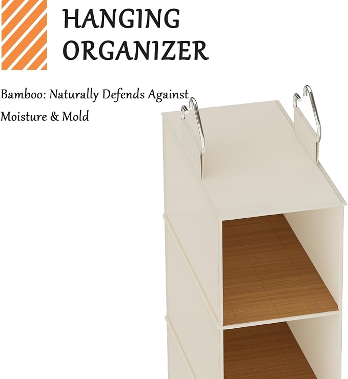 Hanging Closet Shelf Shoe Organizer Set of 2 with Woven Bamboo Shelves,11.5 x 31.5 x 5.5 in, 6-Tier Design for Space-Saving Storage,Beige