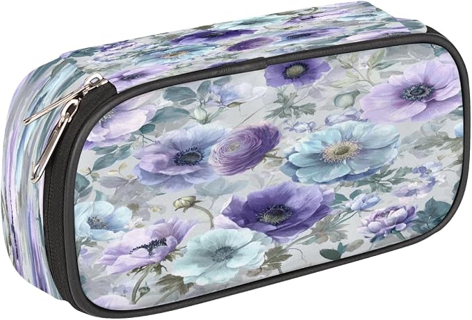 Watercolor Purple Blue Flowers Pencil Case Pouch, Big Capacity Waterproof Pen Bag for Students Teens Adults, Large Storage Organizer for Stationery