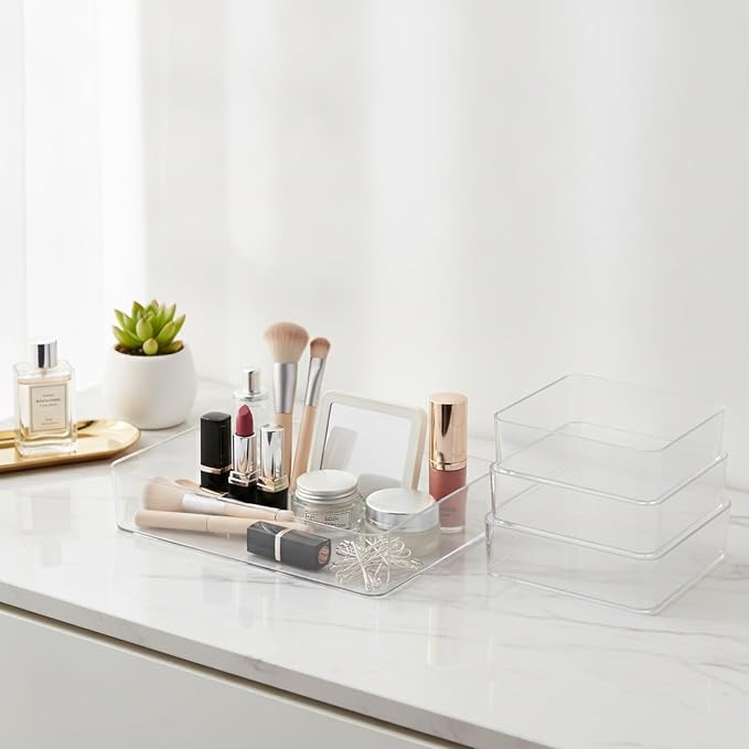 Durable PET Plastic Desktop Organizer, Transparent Storage Bin for Office Desk and Drawer Organization