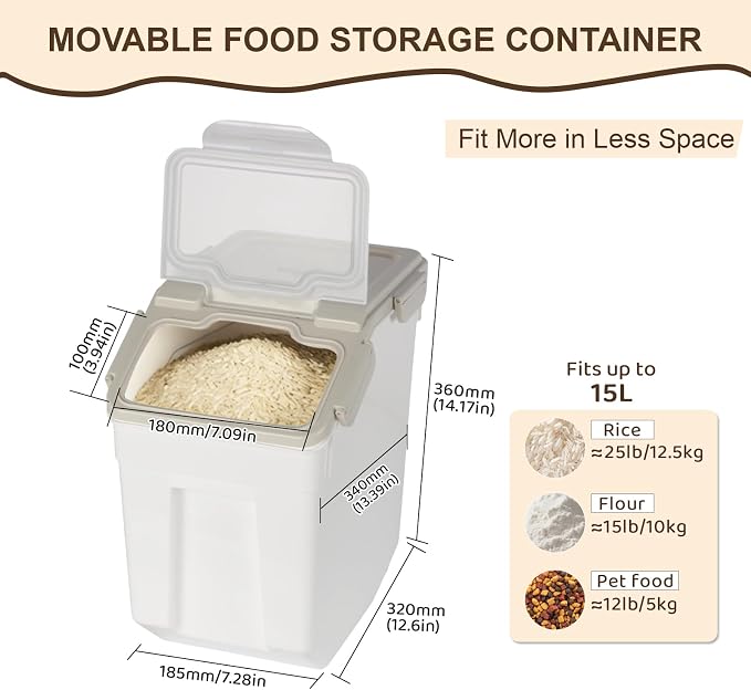 Saim 2 Pack 25lb Flour & Rice Storage Container Bin,Rice Dispenser (Grey) | BPA free plastic with seal lid, rolling wheels and measuring scoop for rice, flour, cereal and grain one-hand scooping