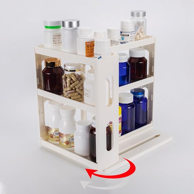 Dutiplus 3-Tier Medicine Organizer Cabinet Storage Rack with Pull-and-Rotate Design for Holding Vitamins, Supplements, Cosmetics 10.82" H x 5.82" W x 10.43" D Creamy White