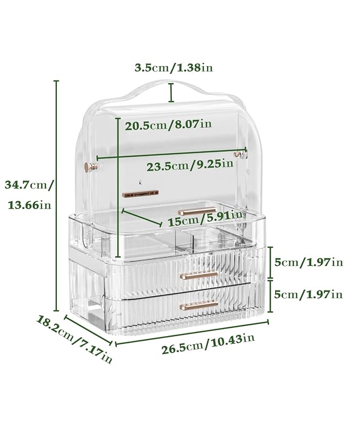 LINFIDITE Cosmetics Storage Box Transparent Lid Large Makeup Organizer Box Drawers Portable Handle Waterproof Dustproof Skincare Display Cases for Countertop, Bathroom, Dresser, PET,Clear Green