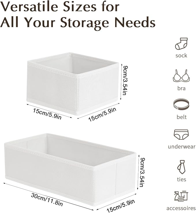 DIMJ Drawer Organizers Clothes, Set of 12 Dresser Organizer Bins, Fabric Closet Organizers and Storage, Shallow Drawer Dividers for Nursery, Clothing, Baby Clothes, Socks, Underwears, Tie (White) | for Baby Nursery Drawers To Sort Socks, Bibs, for Clos...