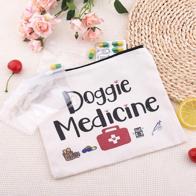 Doggie Medicine Bag with Pill Bags for Travel Medical Med Storage Bags with Zipper Dog Things Canvas Bag for Dog Mom Christmas Birthday Gifts for Doggie Dad Travel Cosmetic Makeup Bags Organizer Pouch
