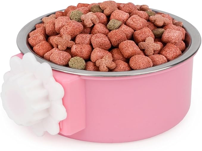Crate Dog Bowl,Removable Stainless Steel Kennel Water Hanging Food & Water Feeder Crate Water Bowl No Spill for Puppy,Cat,Rabbit,Guinea Pig (Pink)