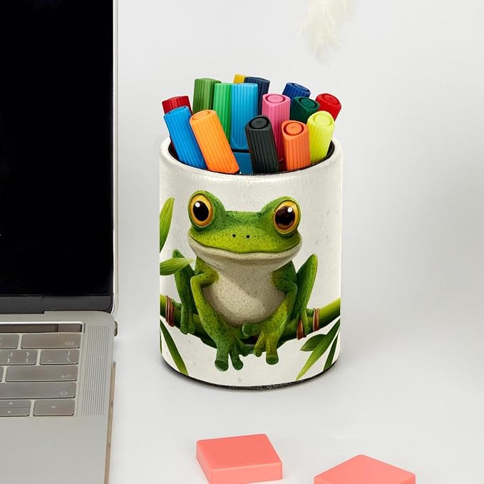 Faux Leather Pen Holder for Desk, Pencil Organizer Frog Pen Cup Desk Decor Makeup Brush Holder Storage for Office Home