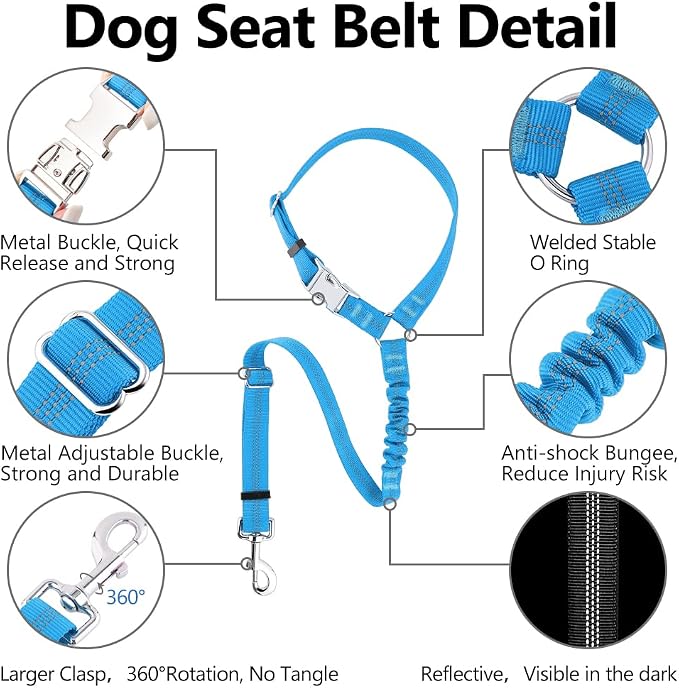 Plutus Pet Dog Seat Belt for Car Headrest, Reflective with Elastic Bungee | Adjustable Restraint for Safety, Vehicle Seatbelt Harness for Small Medium Large Dogs and Cats, Blue