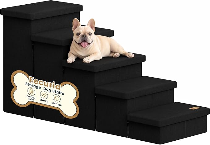 5-Step Wide Dog Stairs with Storage 23" H, Non-Slip Sturdy Pet Steps for High Bed Couch Window, Pet Stairs for Small/Medium/Large Old Dogs Cats Up to 260lbs, Cat Dog Steps for Car/SUV, Black