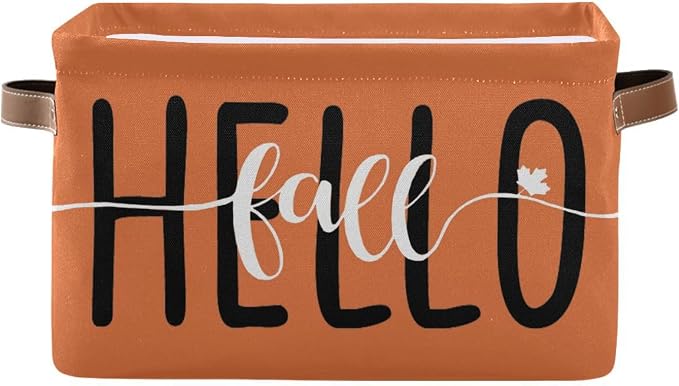 Hello Fall Orange Storage Basket Fabric Kitchen Baskets Autumn Pumpkin Open Home Storage Bins Boxes Foldable Organizer Bag for Baby Cloth Pet Toy Book Shelf Closet Baskets 2 Pack 16×12×8 Inches