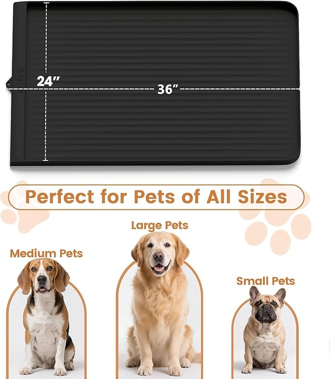 Dog Food Mat 36"x24", Waterproof Dog Bowl Mat, Black | Raised Edges Prevent Spills, Diversion Grooves, Waterproof Surface, Non-slip Backing, Easy to Clean