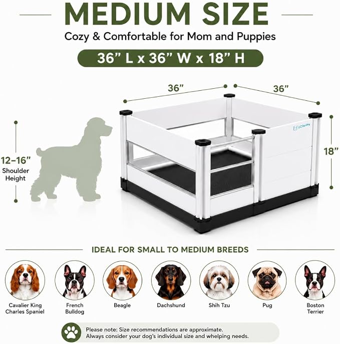 Whelping Box for Dogs and Puppies with Clear Window Panel – 36 Inch Modular, Easy-Clean, Safe Design with Pig Rail, Floor Liner & Washable Pad | Premium Small to Medium Breeds