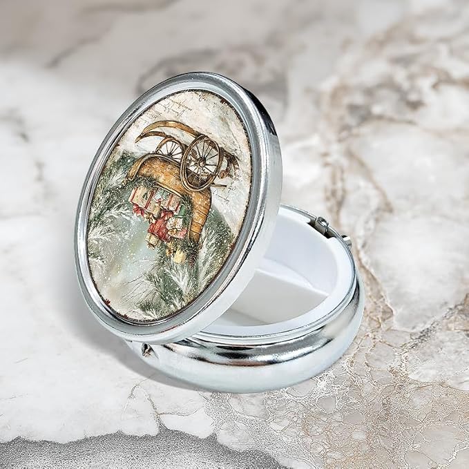 Portable Round 3 Compartment Metal Pill Box Christmas Sled with Gifts Ideal for Kitchen Office Travel or Daily Medication Use