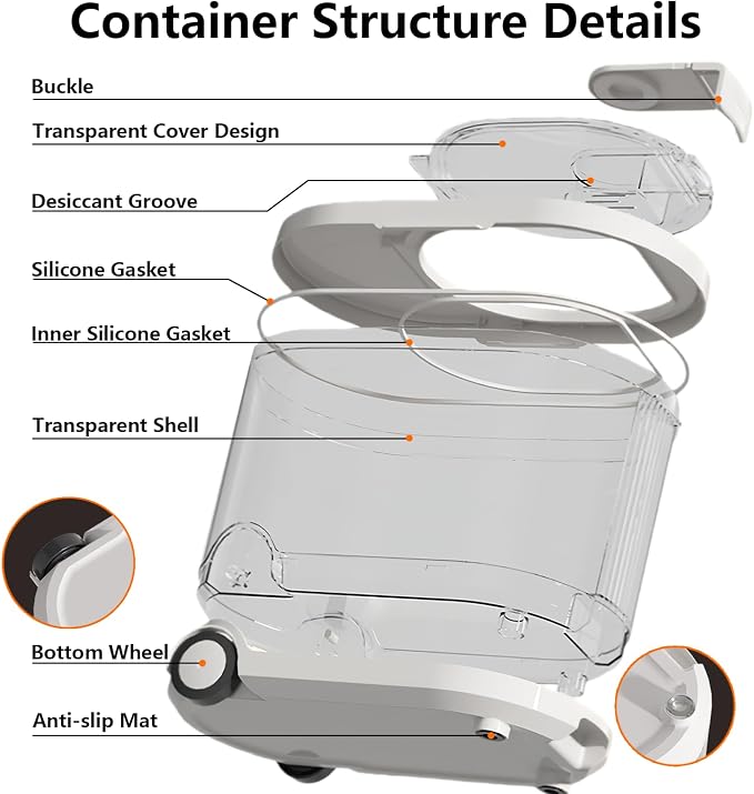Airtight Dog Food Storage Container with Desiccant Chamber,Cat Food Storage with Timer,Wheels & Scoop,7 Liter,10-12 lbs/7 kg,for Small Dog,Cat & Bird Feed,Clear BPA-Free Slim Rolling Bin with Lid