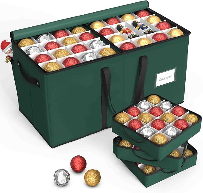 Sunvigor Christmas Ornament Storage Box with 8 Trays, Fits 128 Holiday Ornament Christmas Storage Container with Adjustable Dividers, Dual Zipper, 600D Oxford Christmas Decorations Storage(Deep Green)
