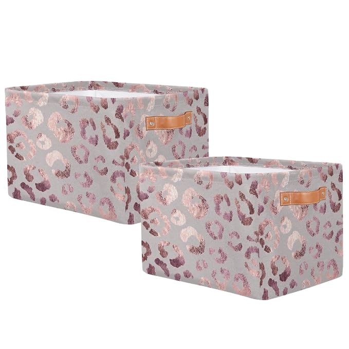 SEULIFE Rose Gold Leopard Print Pink Foldable Storage Basket, Large Collapsible Organizer Storage Bin Cube Toys Storage Boxes with Handles for Bathroom Kids Nursery Closet Storage, 2 Pack
