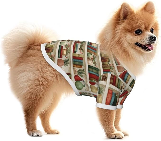 Christmas Bookshelf Dog T Shirt Dogs Cats Cotton Shirts Short Sleeve Clothes Soft Stretchy Pet Costume Doggy Outfit Pullover Jumper Puppy Sweatshirt Large