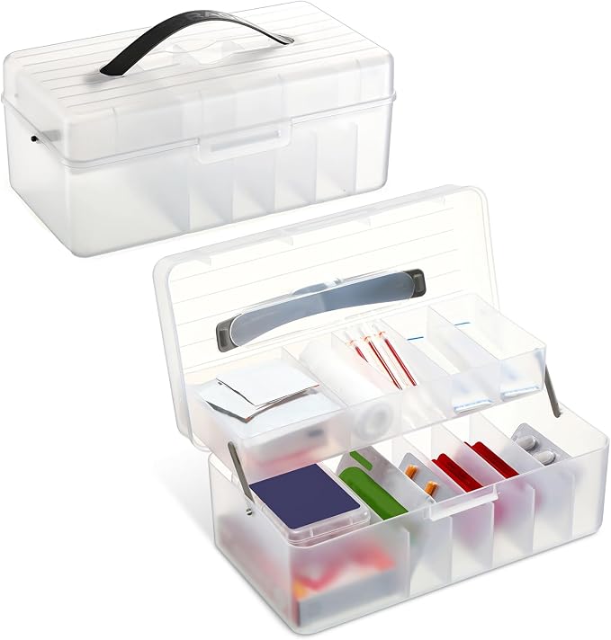 Honeydak 2 Pcs Clear Bandage Organizer, 2 Tier First Aid Box with Handle | Durable Plastic, Folding Storage Holder for Cabinet, Large Portable Medicine Container for Home, School, Travel Supplies
