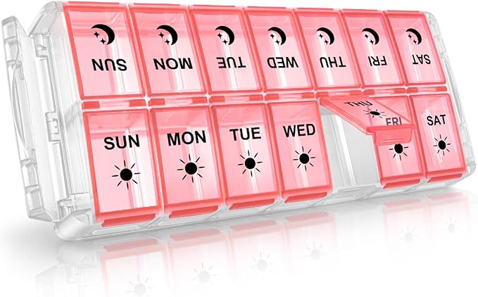 Weekly Pill Organizer 7 Day 2 Times a Day Extra Large, Quick Fill 2022 Fullicon AM PM XL Daily Pill Cases Pill Box with Detachable Base - Pink (Patent Registered) | Each Compartment Holds 13 Fish Oils or 12 Vitamins, BPA Free Food Grade Plastic, Preven...