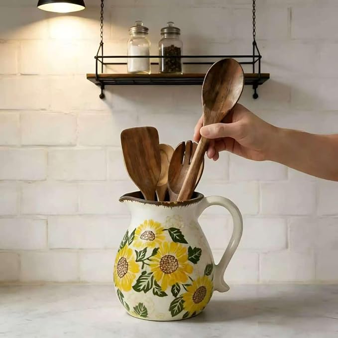 Rustic Ceramic Utensil Holder, 6.1" Kitchen Cooking Utensil Holder | Utensil Organizer Crock with Handle for Kitchen Counter, Vintage Farmhouse Home Decor, Flower Pot, Countertop Spoon Tools